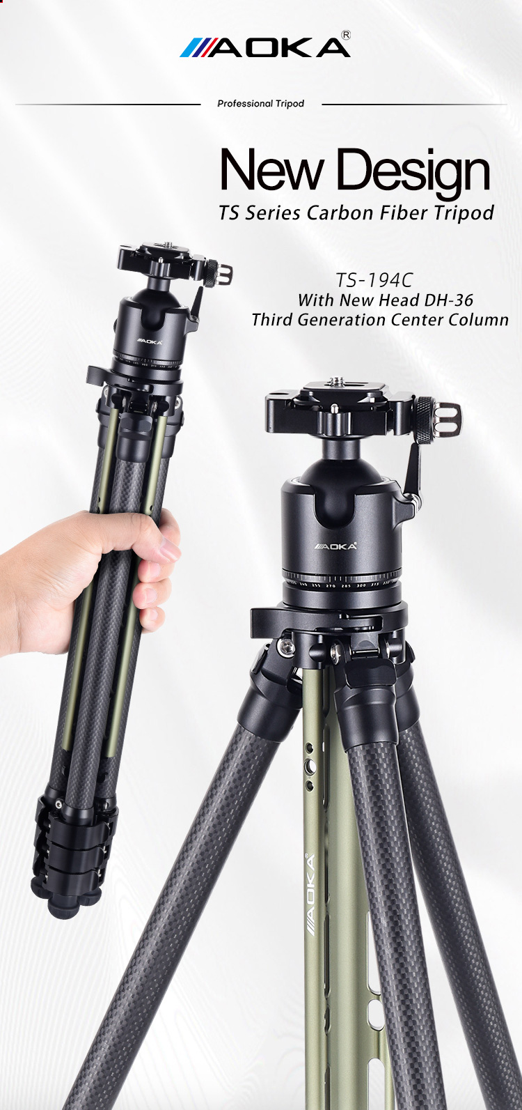 01 AOKA TS194C new center column compact lightweight travel carbon fiber tripod with buckle lock