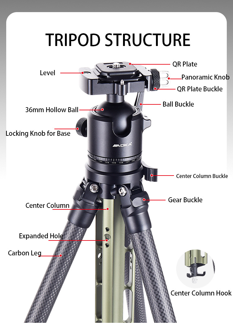 03 AOKA TS194C new center column compact lightweight travel carbon fiber tripod with buckle lock